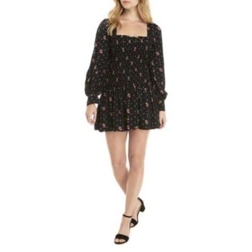 Free People Black Floral Smocked Mini Dress